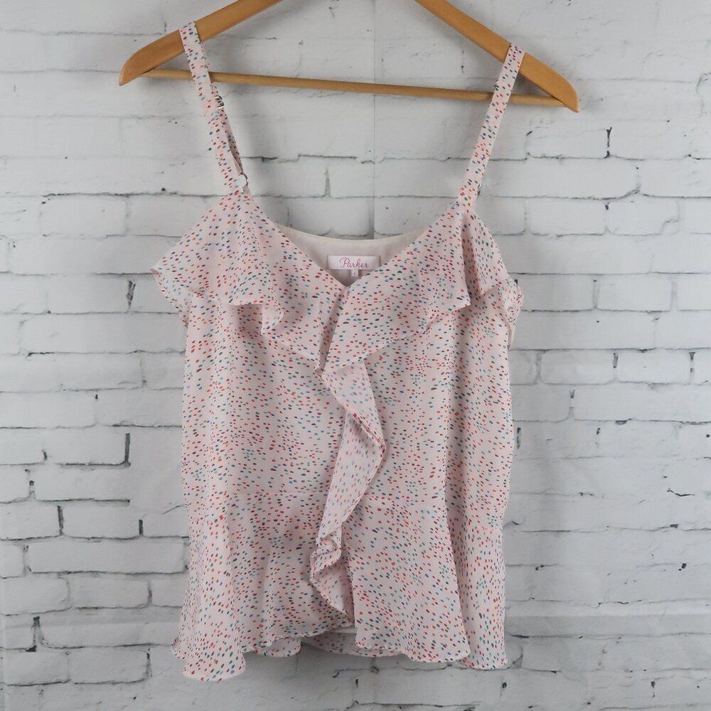 PARKER MULTI COLOR SPLASH DOTS SPAGHETTI STRAP TOP WITH RUFFLE DETAIL SIZE SMALL